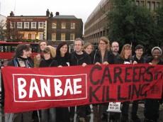 Protesters with banner reading 'Ban BAE: Careers in Killing'